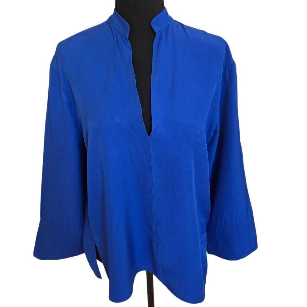 Zara Womens Mock V Neck Long Sleeve Blouse Blue Size Small